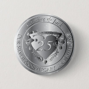 25th Wedding Anniversary Silvery Heart Button