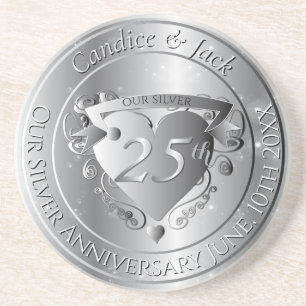 25th Wedding Anniversary Silvery Heart Coaster