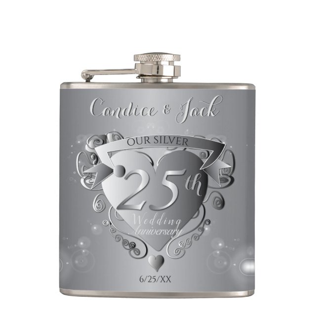 25th Wedding Anniversary Silvery Heart  Flask (Front)