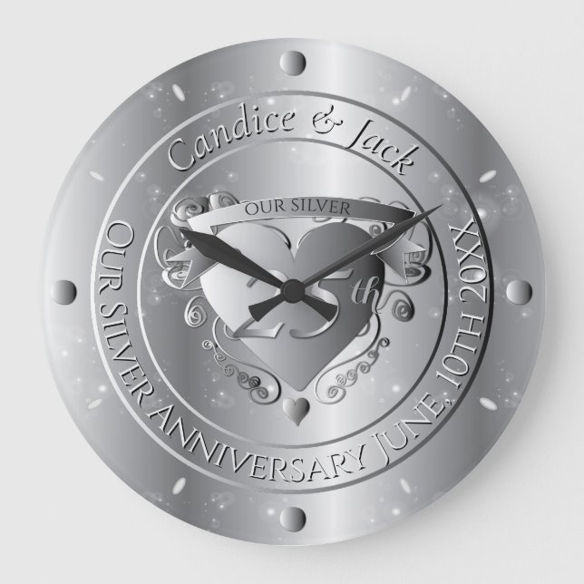 25th Wedding Anniversary Silvery Heart Large Clock (Front)
