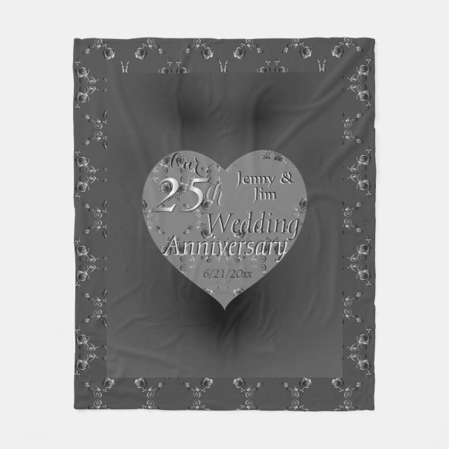25th Wedding Anniversary Silvery Rose Heart Fleece Blanket (Front)