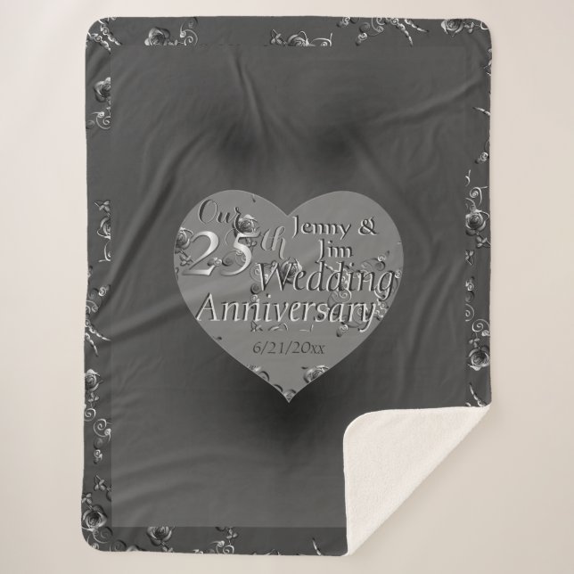 25th Wedding Anniversary Silvery Rose Heart Sherpa Blanket (Front)