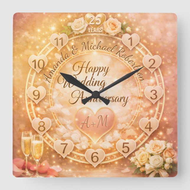 25th Wedding Anniversary Square Wall Clock (Front)