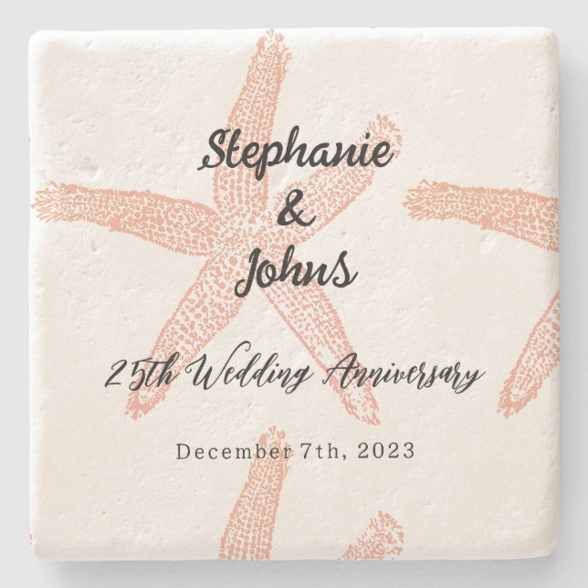 25th Wedding Anniversary Starfish Custom Name Gift Stone Coaster (Front)