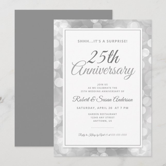 25th Wedding Anniversary Surprise | Silver Bokeh Invitation (Front/Back)