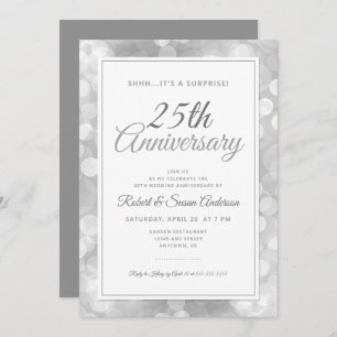 25th Wedding Anniversary Surprise Silver Bokeh Invitation