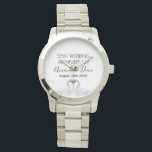 25th wedding anniversary swans white names watch<br><div class="desc">Two beautiful swans in love bending their heads toghether and forming a heart. White elegant background,  perfect for a silver wedding anniversary gift!  A swan couple stay together for life,  so they are the perfect symbol of love. With the text: 25th Anniversary. Templates for names and date.</div>