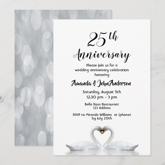 25th wedding anniversary two swans in love white invitation (Front/Back)