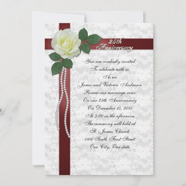 25th Wedding anniversary vow renewal White rose Invitation (Front)
