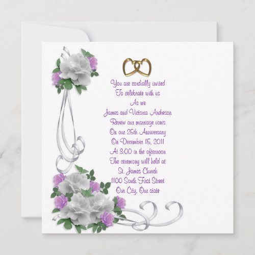 25th Wedding anniversary vow renewal White roses Custom Invitations