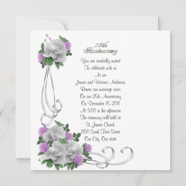 25th Wedding anniversary vow renewal White roses Invitation (Front)