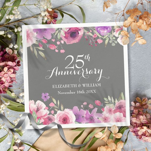 25th Wedding Anniversary Watercolor Roses Greenery Napkins