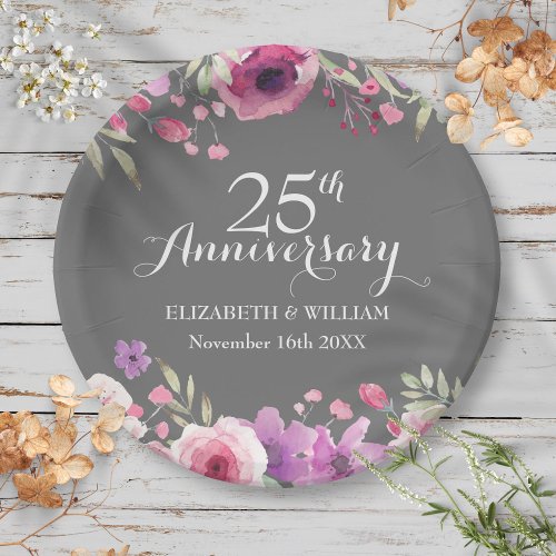 25th Wedding Anniversary Watercolor Roses Paper Plates