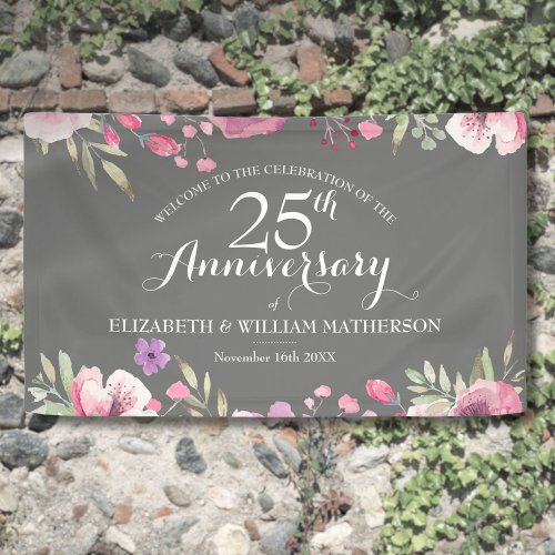 25th Wedding Anniversary Watercolor Roses Welcome Banner