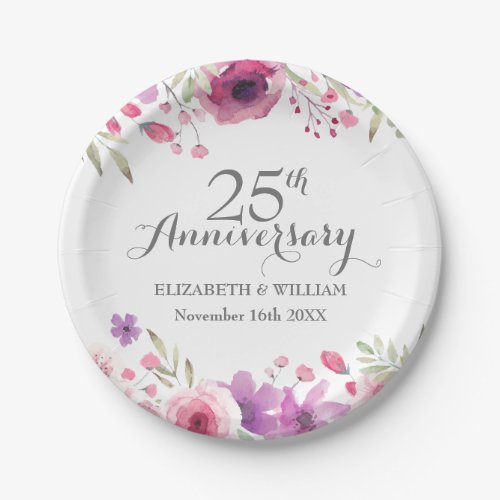 25th Wedding Anniversary Watercolour Roses Paper Plates