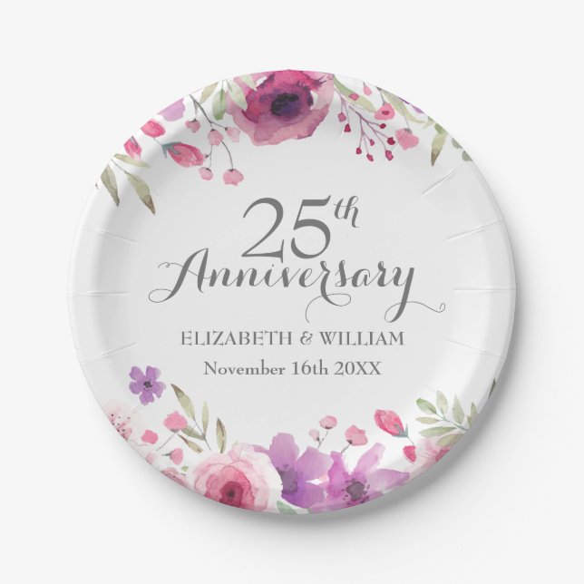 25th Wedding Anniversary Watercolour Roses Paper Plates (Front)