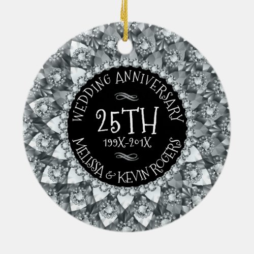 25th Wedding Anniversary White Diamonds And Black Ceramic Ornament