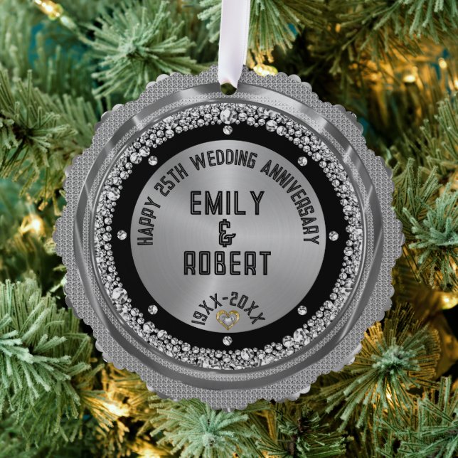 25th wedding Anniversary white diamonds & gold Ornament Card (Insitu (Tree))