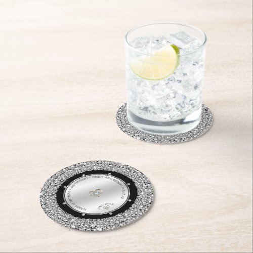 25th wedding Anniversary white diamonds  silver Round Paper Coaster