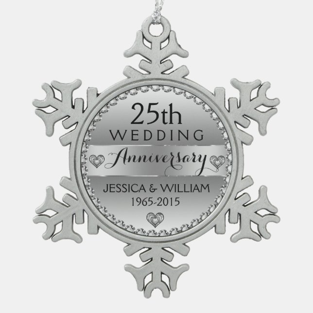25th Wedding Anniversary White Diamonds & Silver Snowflake Pewter Christmas Ornament (Front)