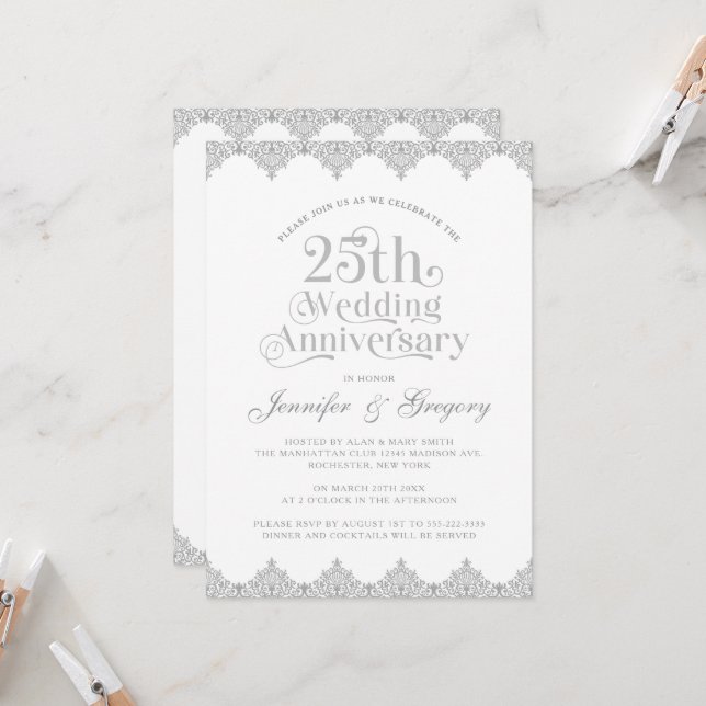 25th Wedding Anniversary White Gray Typography Invitation (Front/Back In Situ)