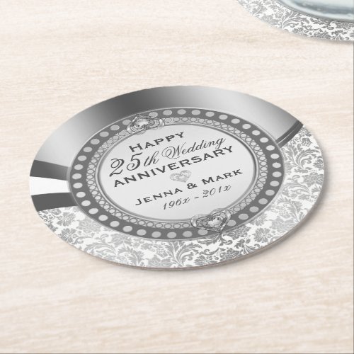 25th Wedding Anniversary White  Silver Damasks Round Paper Coaster