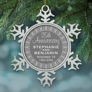 25th Wedding Anniversary with Bride & Groom Names Snowflake Pewter Christmas Ornament