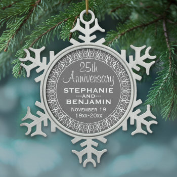 25th Wedding Anniversary With Bride & Groom Names Snowflake Pewter Christmas Ornament by JustWeddings at Zazzle