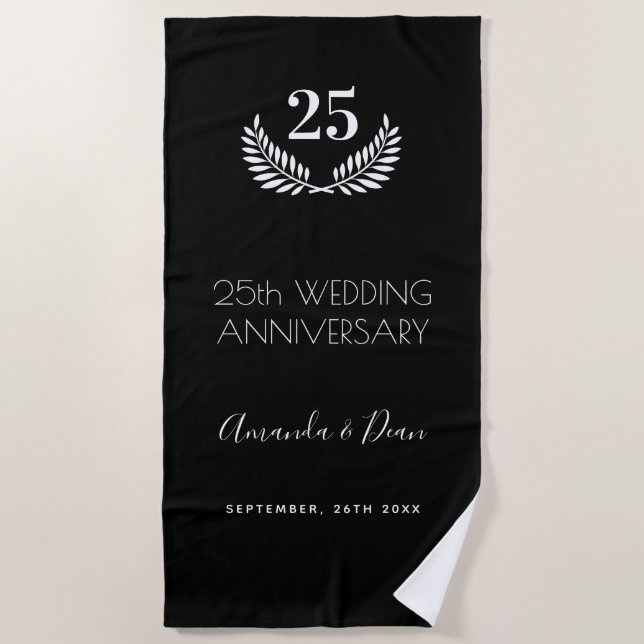 25th wedding annversary black white wreath beach towel (Front)