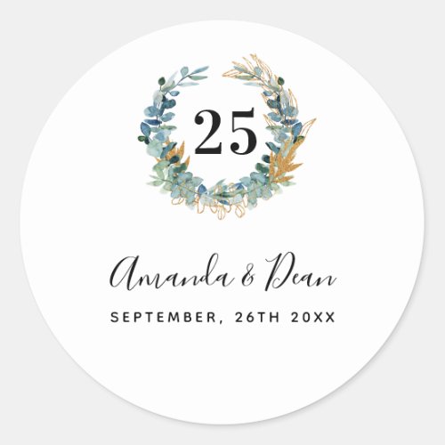 25th wedding annversary eucalyptus wreath classic round sticker