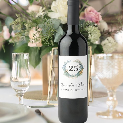 25th wedding annversary eucalyptus wreath wine label