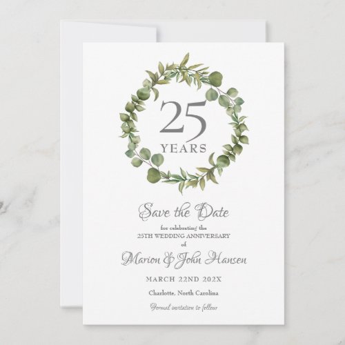 25th Wedding Silver Anniversary Greenery Garland  Save The Date