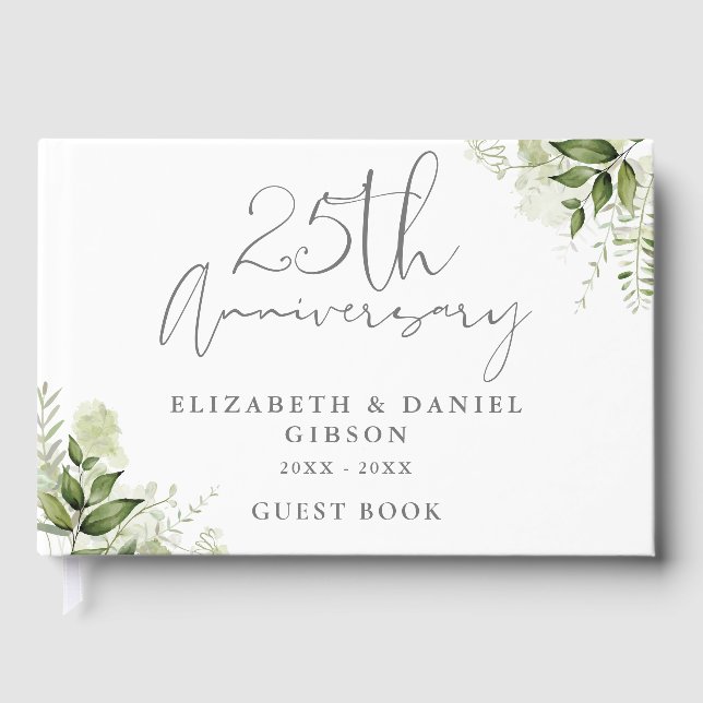 25th Wedding Silver Anniversary Greenery Photo Guest Book (Front)