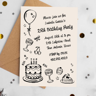 25th Whimsical Doodle Handwritten Birthday Party Invitation