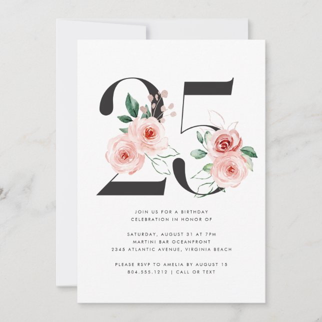 25tht Birthday Modern Floral Rose Gold Greenery  Invitation (Front)