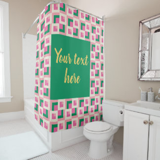 26039A Geometric Pinwheel Block Pattern Pink Green Shower Curtain