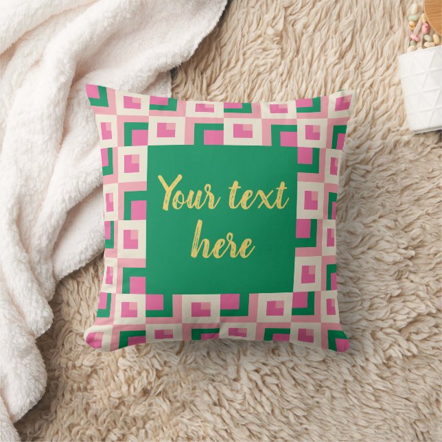 26039A Geometric Pinwheel Block Pattern Pink Green Throw Pillow (Blanket)