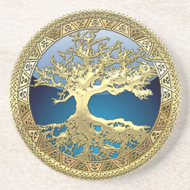 [26] Golden Celtic Tree of Life Drink Coaster (Front)
