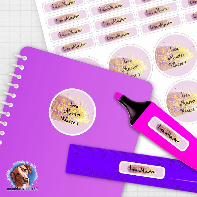 26 Name labels Lila - Glitter | (26 schmale und runde Namensaufkleber im Set, für Schulmaterialien - Aquarell lila mit Goldglitter)