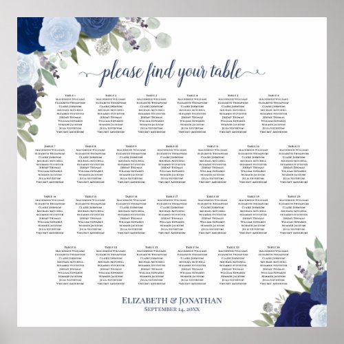 26 Table Blue Boho Roses Wedding Seating Chart