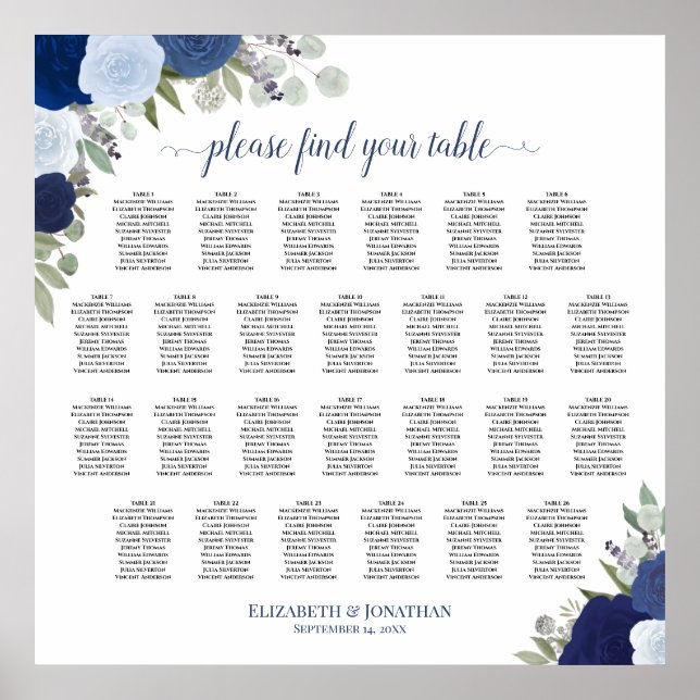 26 Table Blue Boho Roses Wedding Seating Chart (Front)