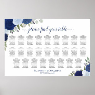 26 Table Blue Boho Roses Wedding Seating Chart