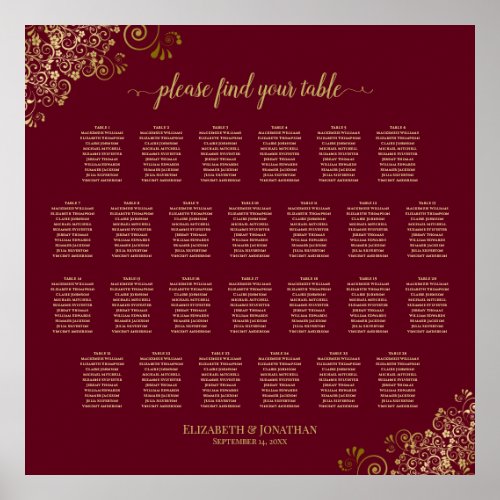 26 Table Burgundy and Gold Wedding Seating Chart