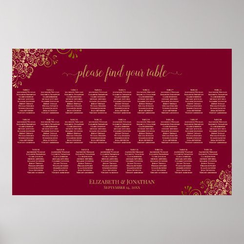 26 Table Burgundy and Gold Wedding Seating Chart