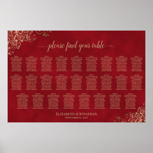 26 Table Crimson Red & Gold Wedding Seating Chart