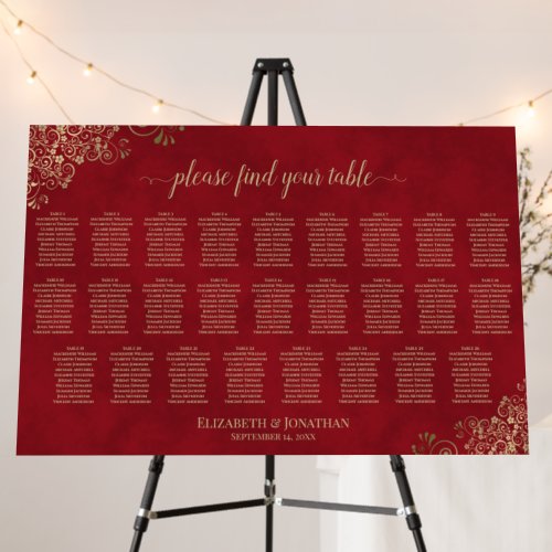 26 Table Crimson Red & Gold Wedding Seating Chart Foam Board
