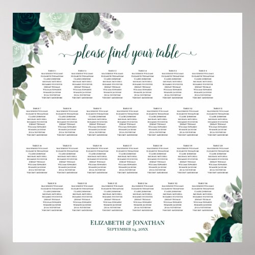 26 Table Emerald Boho Roses Wedding Seating Chart