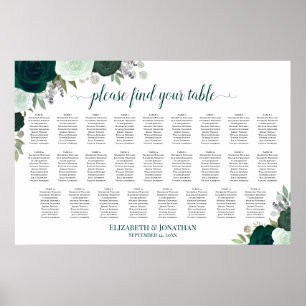 26 Table Emerald Boho Roses Wedding Seating Chart
