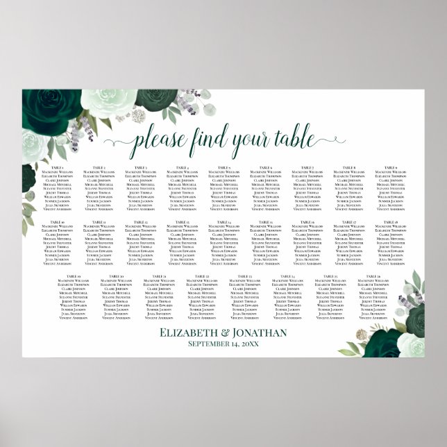 26 Table Emerald Boho Roses Wedding Seating Chart (Front)