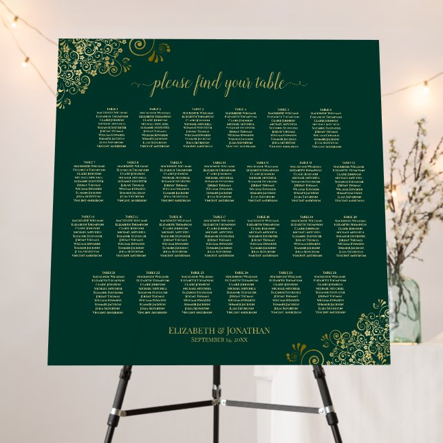 26 Table Glam Wedding Seating Chart Emerald & Gold Foam Board (In Situ (Stand))